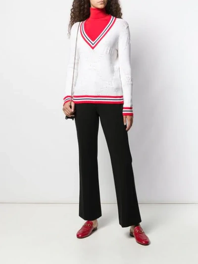 Shop Gucci V-neck Knitted Logo Sweater In White