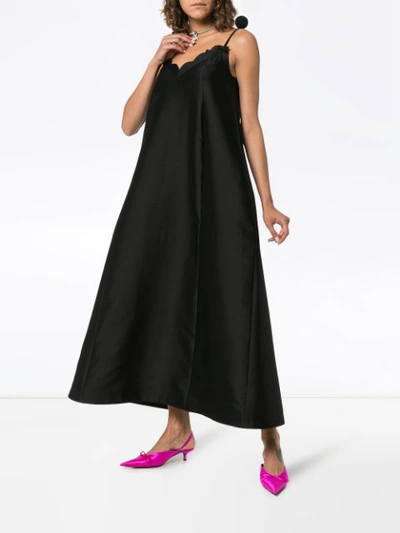 Shop Vika Gazinskaya Scallop-edged Pompom Silk Dress - Black