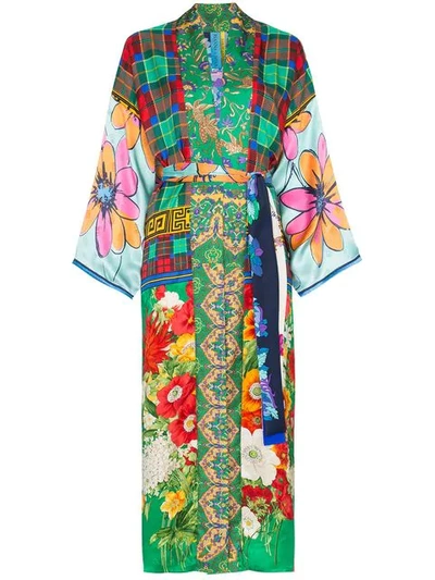 Shop Rianna + Nina Long Multi Floral Check Print Silk Kimono Robe In Multicolour