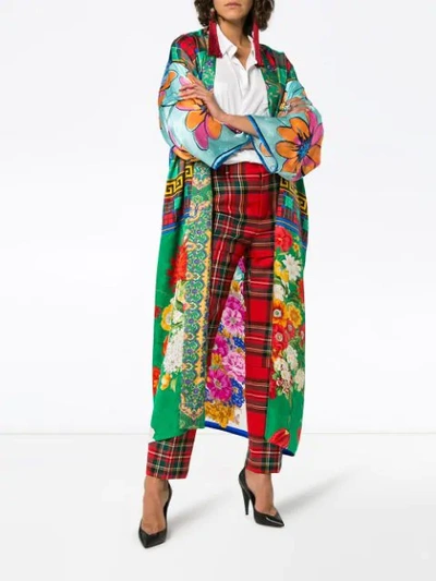 Shop Rianna + Nina Long Multi Floral Check Print Silk Kimono Robe In Multicolour
