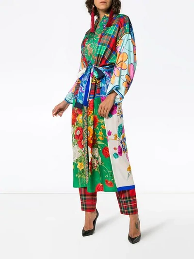 Shop Rianna + Nina Long Multi Floral Check Print Silk Kimono Robe In Multicolour