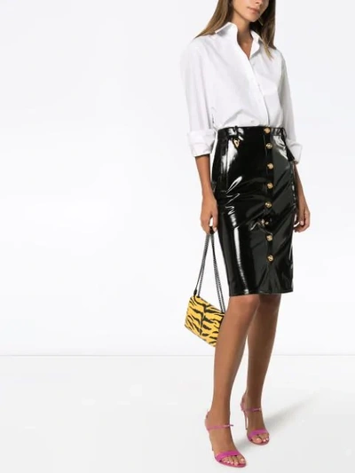Shop Versace High-rise Vinyl Pencil Skirt In Black