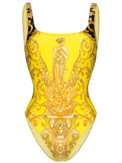 Shop Versace Barocco Print Swimsuit In A7231 Yellow/multicolor