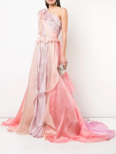Shop Marchesa One-shoulder Evening Dress In Pink