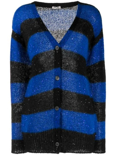 Shop Miu Miu Sequins Embellishment Striped Cardigan In Blue