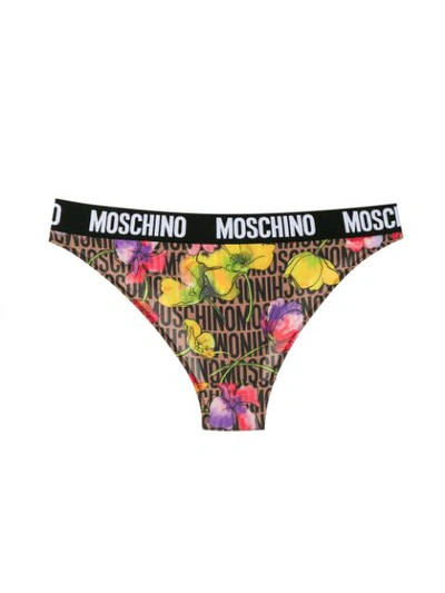 Shop Moschino Floral And Logo Print Briefs In Brown