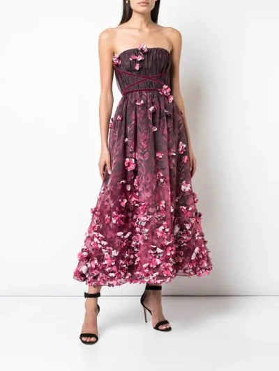 Shop Marchesa Notte 3d Draped Floral Print Organza Tea Length Dress In Purple