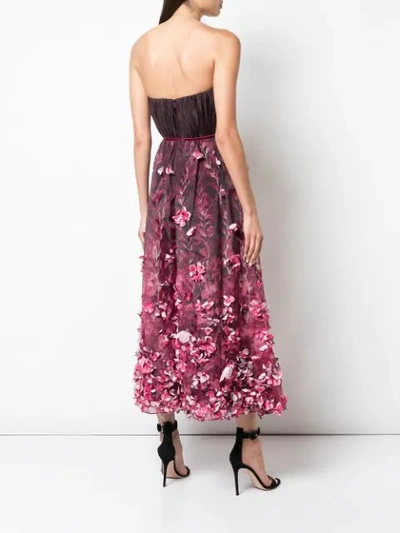 Shop Marchesa Notte 3d Draped Floral Print Organza Tea Length Dress In Purple