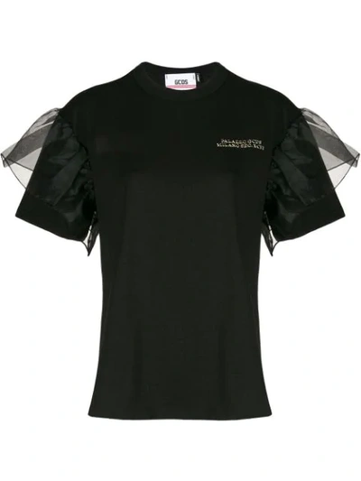 Shop Gcds Ruffled Tulle-embellished T-shirt In Black