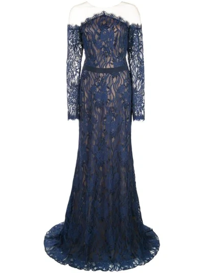Shop Tadashi Shoji Tulle-panelled Lace Gown In Blue