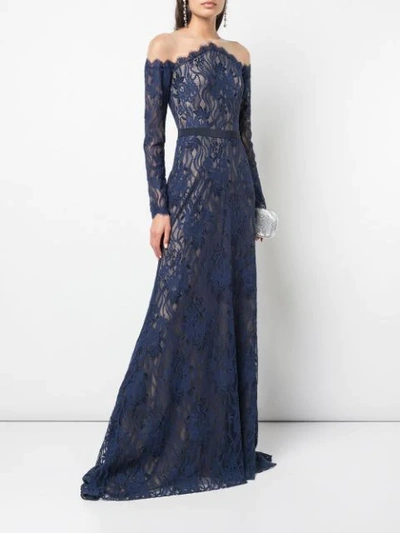 Shop Tadashi Shoji Tulle-panelled Lace Gown In Blue