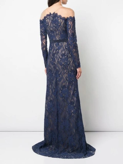 Shop Tadashi Shoji Tulle-panelled Lace Gown In Blue