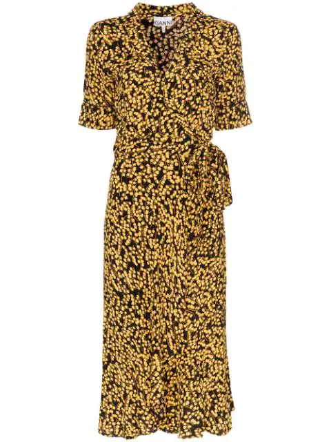 Ganni Goldstone Floral Print Crepe Wrap Dress In Black | ModeSens