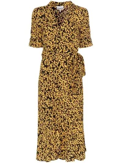 Shop Ganni Goldstone Floral Print Crepe Wrap Dress In Black