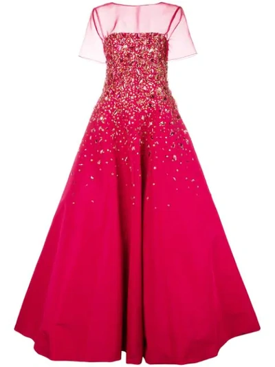 Shop Carolina Herrera Strapless Embroidered Gown In Currant Multi
