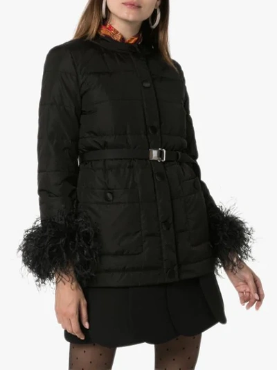 Shop Miu Miu Belted Feather-trim Jacket In Black