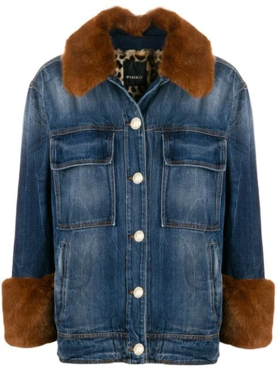 Shop Pinko Faux-fur Trimmed Denim Jacket In Blue