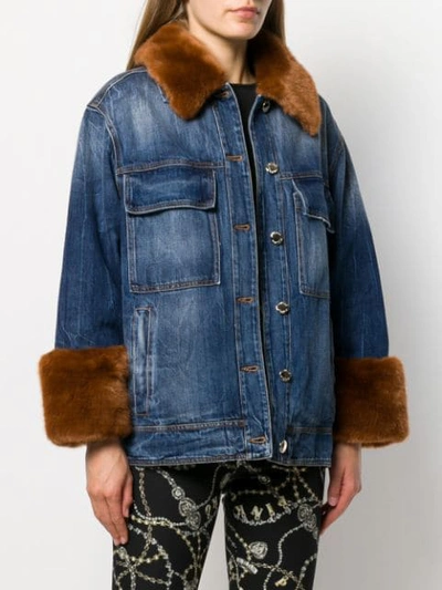 Shop Pinko Faux-fur Trimmed Denim Jacket In Blue