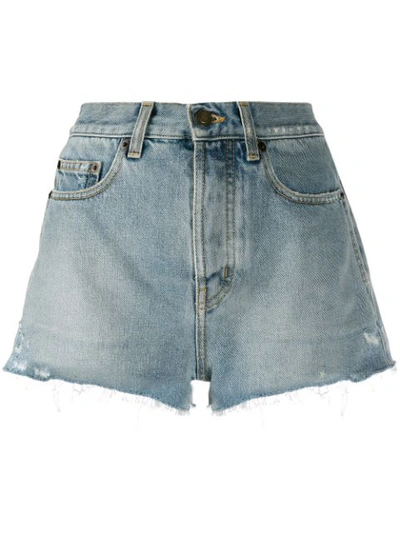 Shop Saint Laurent Fringed Denim Shorts In Blue
