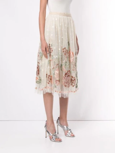Biyan Floral Embroidered Mesh Skirt In White