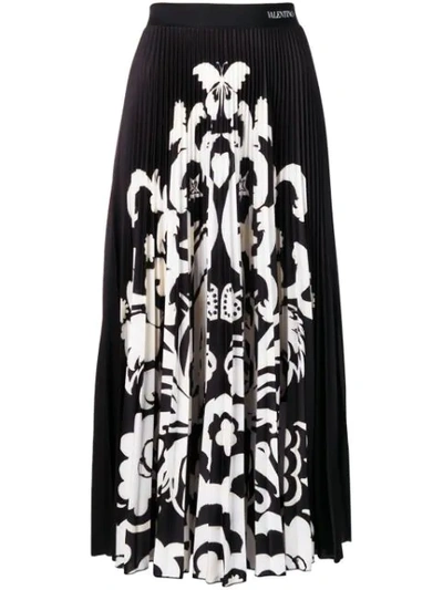 Shop Valentino Floral Print Pleated Midi Skirt In Black