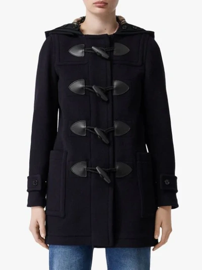 Shop Burberry Wool Blend Duffle Coat In Navy Ip Check