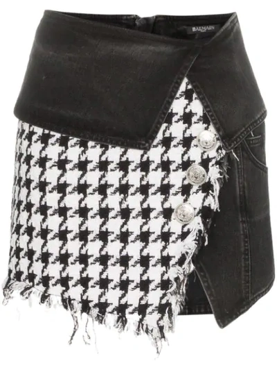 Shop Balmain Houndstooth Denim Wrap Mini-skirt In Black