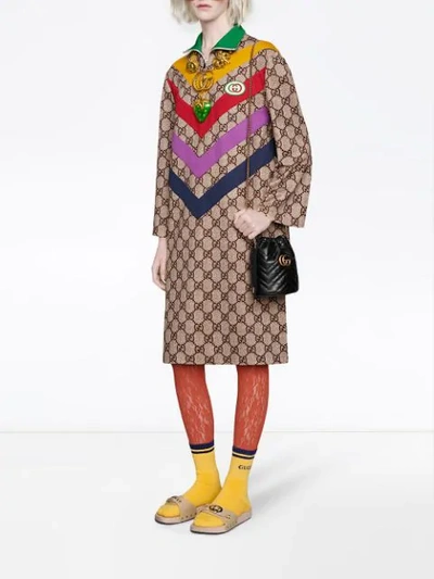 Shop Gucci Chevron-striped Gg-print Dress In Neutrals