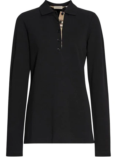 Shop Burberry Long-sleeve Check Placket Cotton Piqué Polo Shirt In Black