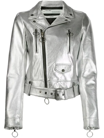 Shop Off-white Leather Biker Jacket In Silver