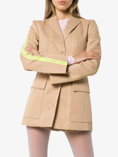 Shop Off-white Fluorescent Check Print Mid-length Blazer Jacket In Neutrals