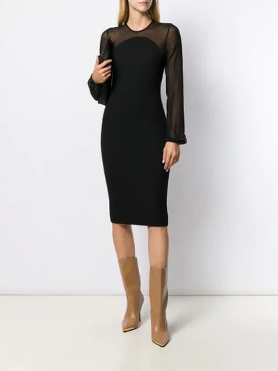 Shop Victoria Beckham Sheer Sleeves Fitted Dress In Black