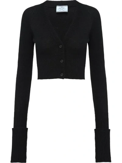 Shop Prada Cropped Rib-knit Cardigan In F0002 Black