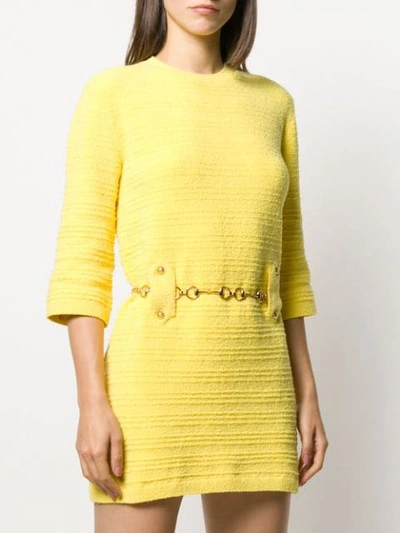 Shop Gucci Tweed Belted Dress In Yellow