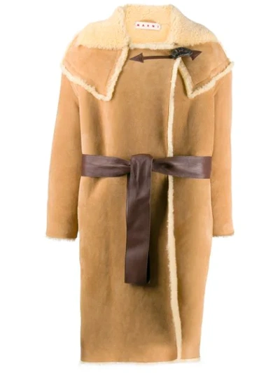Shop Marni Belted Shearling Coat In Neutrals