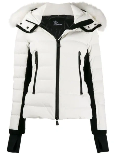 Shop Moncler Fur Trim Hooded Padded Jacket In White