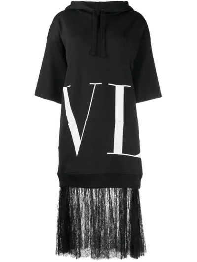 Shop Valentino Vltn Lace-trimmed Sweatshirt Dress In Black