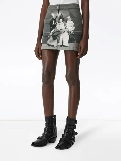 Shop Burberry Victorian Portrait Print Stretch Denim Mini Skirt In Grey