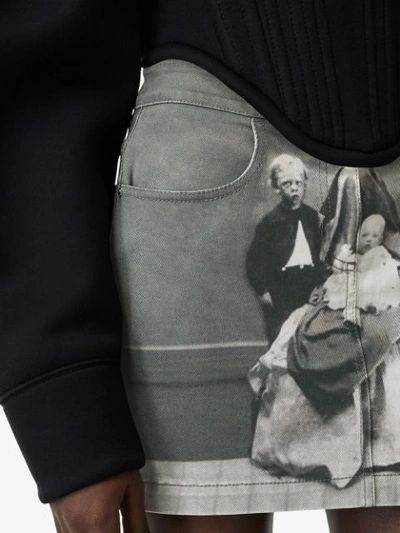 Shop Burberry Victorian Portrait Print Stretch Denim Mini Skirt In Grey