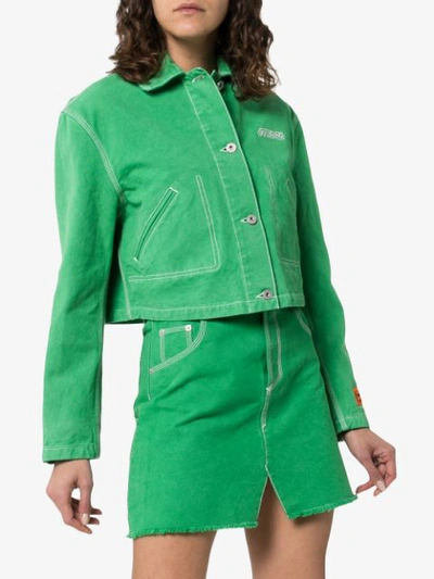 Shop Heron Preston Ctnmb Embroidered Cropped Denim Jacket In Green
