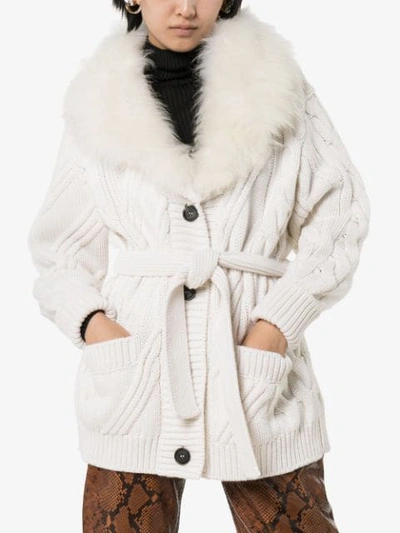 Shop Prada Cashmere Fur-trimmed Cardigan In Naturale