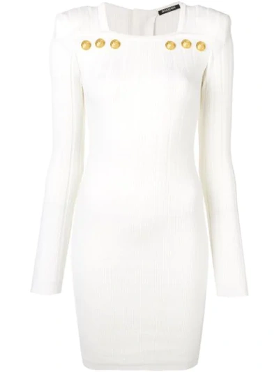 Shop Balmain Ribbed Knit Bodycon Dress In White
