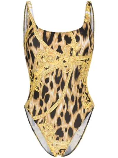 VERSACE BAROCCO AND LEOPARD PRINT SWIMSUIT - 黑色