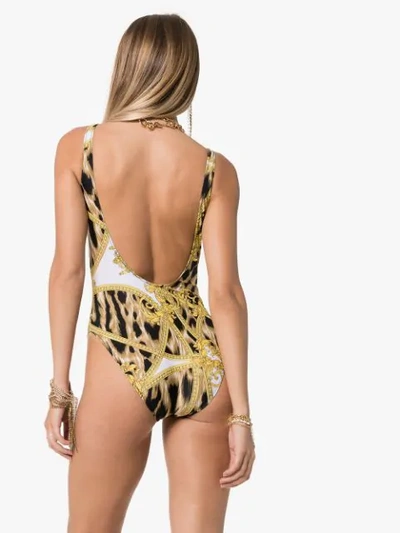 Shop Versace Barocco Leopard Print Swimsuit In Black