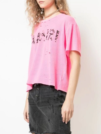Shop Amiri Logo Distressed Mesh T-shirt In Neon Pink