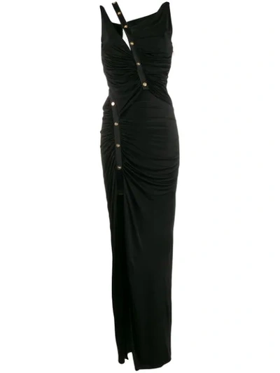 Shop Versace Asymmetric Ruched Long Dress In Black