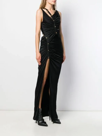 Shop Versace Asymmetric Ruched Long Dress In Black