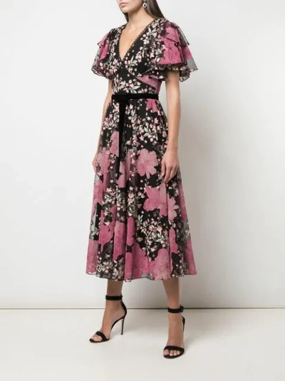 MARCHESA NOTTE EMBROIDERED FLORAL RUFFLED DRESS - 黑色