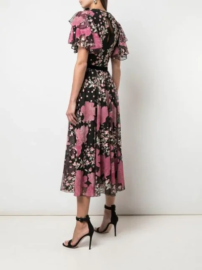 MARCHESA NOTTE EMBROIDERED FLORAL RUFFLED DRESS - 黑色