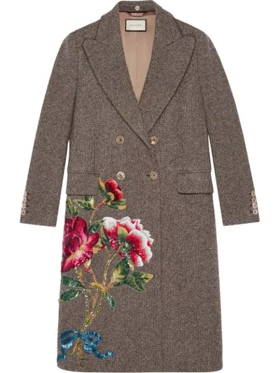 Shop Gucci Sequin Embroidered Wool Coat - Braun